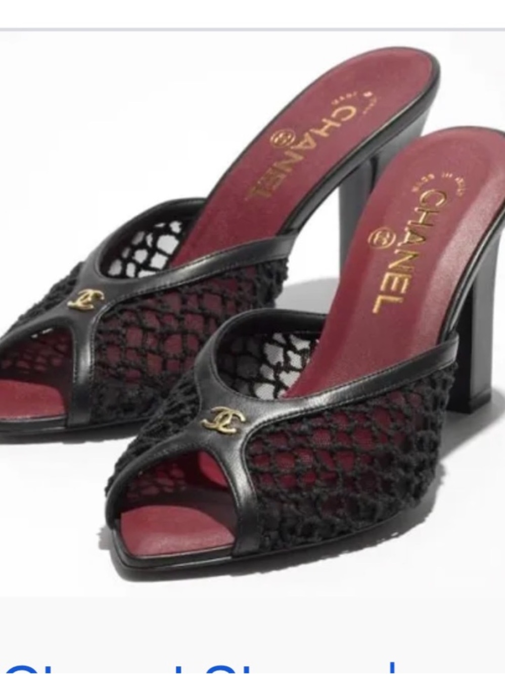 CHANEL Black Mesh & Leather Peep-Toe Mules with Burgundy Insole brand new 38